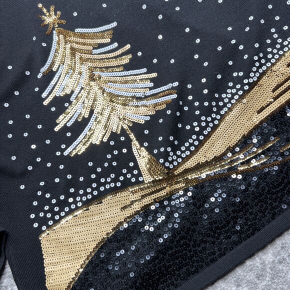 Drapers & Damons Sequined Christmas Tree Sweater Large Petite LP Black Gold - Picture 2 of 7